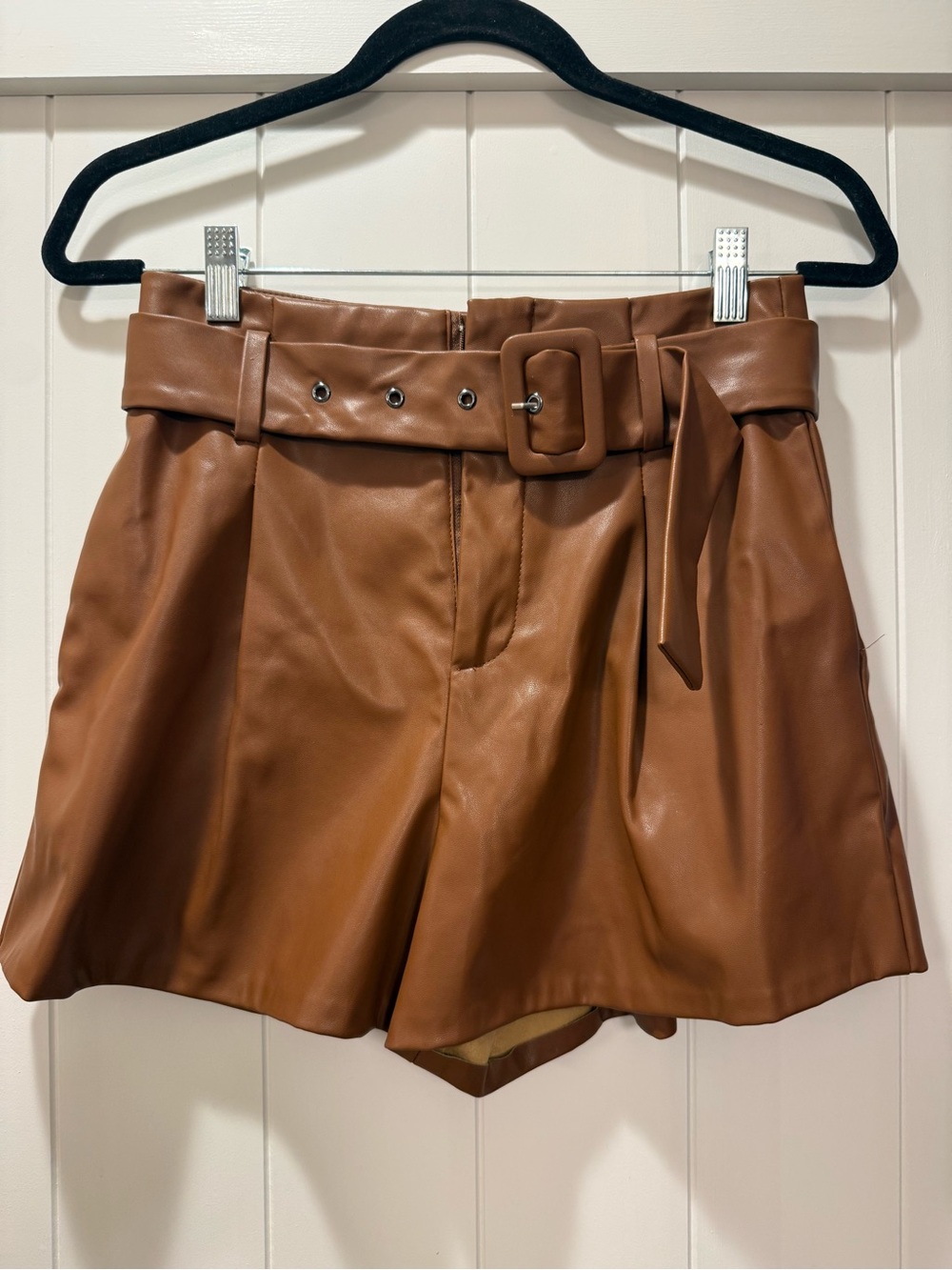 DO+BE High Waist Faux Leather Paperbag Shorts in Cognac Brown